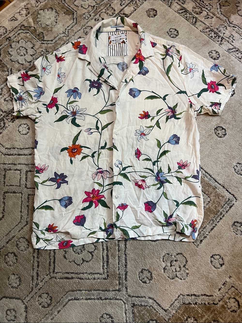 Casual Floral Button-Down Shirt - White with Multicolor Floral Print